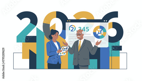 Business people analyzing 2026 financial data and planning growth strategy