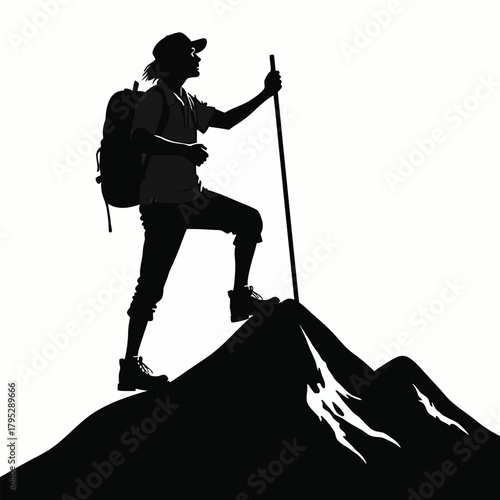 A solitary hiker stands triumphantly on a mountain peak, silhouetted against a white background, embodying determination and achievement in outdoor adventure and exploration