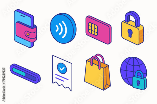 Cyber Monday Checkout Icons. Cyber Monday Digital Checkout flat icons: mobile wallet, NFC tap icon, credit card chip, padlock, processing bar, checkmark receipt, shopping bag.