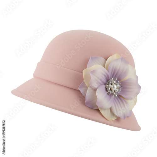 Elegant light pink cloche hat adorned with a large delicate flower and sparkling jewel accent