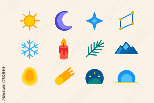 Celestial Solstice Icons. Winter Solstice Celestial Alignment flat icons: sun symbol, crescent moon, starlight, constellation, snowflake, candle, pine sprig, mountain silhouette.