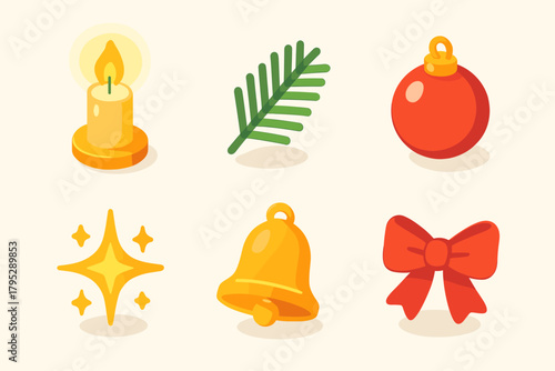 Festive Isometric Icons. Christmas Gentle Light flat icons: glowing candle, pine needles, ornament, snow sparkle, bell, bow knot.