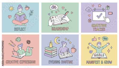 Wellness routine concepts journaling creative expression gratitude tracking reflection and goals