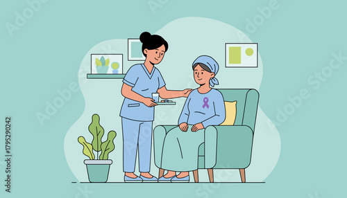 Compassionate nurse provides medicine to a cancer patient in a comfortable setting