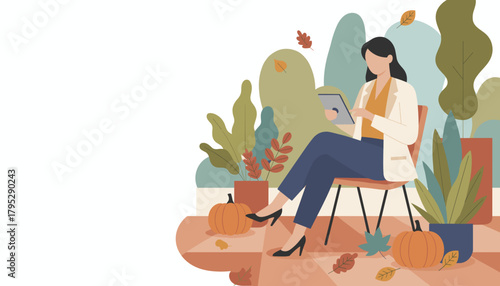 Professional woman uses digital tablet in a peaceful autumn patio garden setting