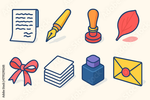 Sentimental Letter Icons. Sentimental Letter Set flat icons: handwritten letter, vintage pen, wax stamp, rose petal, ribbon, paper stack, ink bottle, envelope.