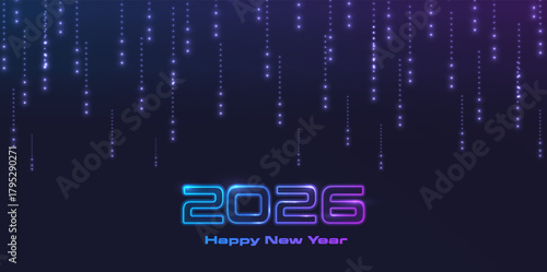 2026 Digital neon Happy New Year. Light tech pattern futuristic glowing background
