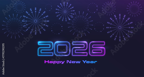2026 Happy New Year digital tech glowing background. New Year Celebration futuristic neon design