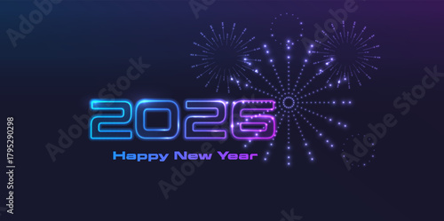 2026 glowing neon Happy New Year graphic template. New Year Celebration shiny digital vector graphic design