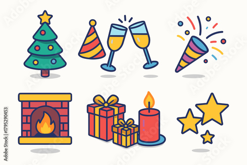 Festive Celebration Icons. Festive Togetherness flat icons: decorated tree, party hats, clinking glasses, confetti burst, fireplace, wrapped presents, candlelight, stars.