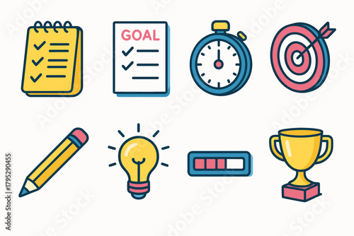 Action Plan Icons. Action Plan flat icons: notepad, goal sheet, stopwatch, dartboard, pencil, lightbulb, progress bar, trophy.