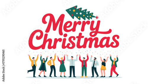 Festive Cheer: A joyful ensemble of figures celebrating Christmas. Illustrated scene, featuring the classic holiday greeting with festive elements. 