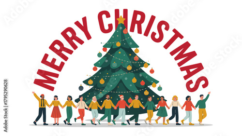 Festive Christmas Gathering: A vibrant illustration depicts a diverse group of individuals joyfully encircling a beautifully decorated Christmas tree, united in the spirit of holiday cheer.