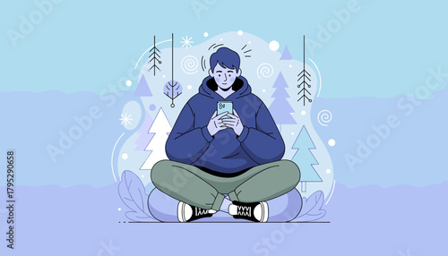 Young man uses phone sitting comfortably in a stylized natural environment Technology and digital life