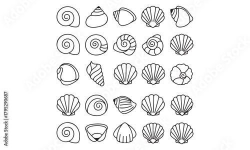 Seashell Vector Illustration Set | Black and White Shell, Starfish, and Clam Icons