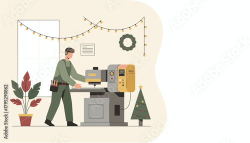 Industrial worker operates machinery in a festive workshop decorated for Christmas
