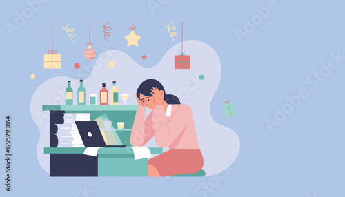 Overworked woman stressed by deadlines during holiday party season Work exhaustion illustration