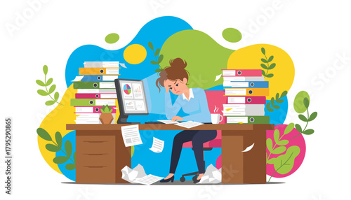 Overworked businesswoman stressed by heavy workload and paperwork pile in the office