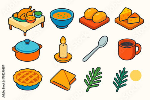 Festive Dinner Icons. PostHoliday Meal flat icons: table spread, soup bowl, bread rolls, cheese board, casserole dish, candle flame, serving spoon, pie, mug, napkin, pine sprig.