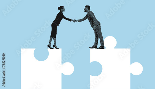 Halftone illustration of a businessman and woman shaking hands while standing on puzzle pieces symbolizing partnership and solutions