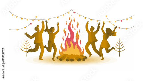 Joyful Gathering Around Campfire: A lively gathering of friends around a crackling campfire, bathed in the warm glow of the flames and the twinkling lights above.