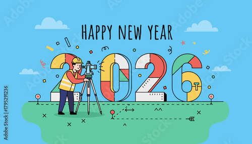 Happy New Year 2026 engineering plan Surveyor measuring future construction and goals