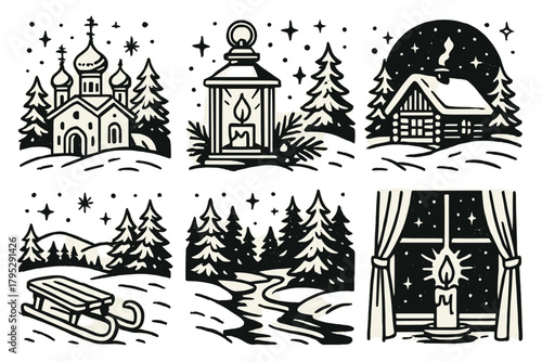 Orthodox Christmas Icons. Orthodox Christmas Winter Scenery linear icons: snowcovered church, glowing lantern, pine forest, starry night sky, wooden cabin, sleigh on snow, frozen.