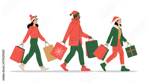 Holiday Shopping: A trio of shoppers, bundled in festive attire and carrying colorful shopping bags, stride with purpose, embodying the spirit of gift-giving and seasonal cheer. 