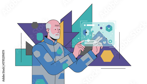 Senior expert uses holographic screen for data analysis and future technology research illustration