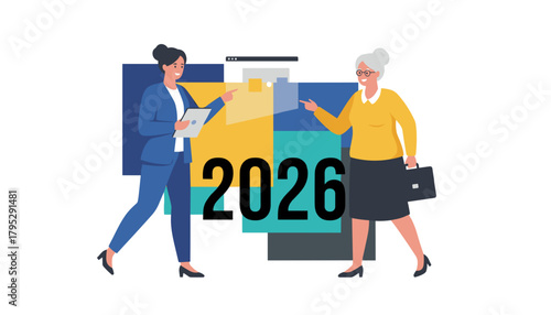 Business planning for 2026 Two women professionals collaborate on future strategy and finance goals
