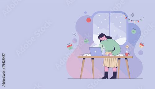 Woman working on laptop during the winter holidays Remote work productivity illustration