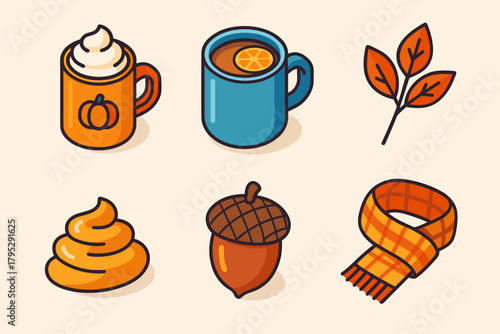Autumn Drink Icons. Autumn Drinks flat icons: pumpkin latte, apple cider mug, cinnamon leaf, caramel drizzle, acorn, plaid scarf.