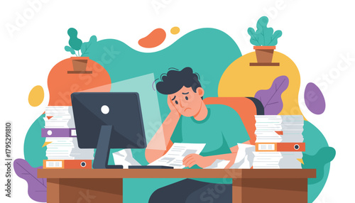 Stressed employee overwhelmed by paperwork and excessive workload in the office