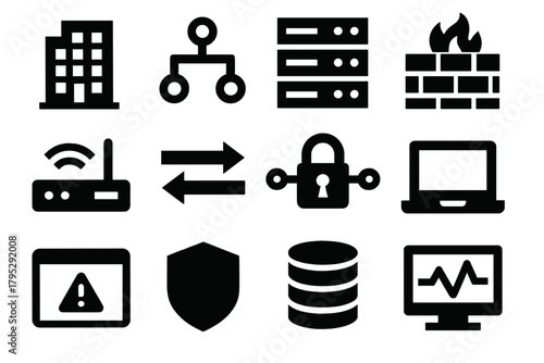 Bold Networking Icons. Enterprise Networking silhouette icons set: office building, network map, server rack, firewall icon, router symbol, data flow, secure connection, laptop.
