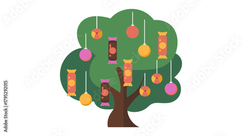 Candy Tree Illustration: A whimsical illustration of a tree adorned with colorful candies and sweets, creating a playful and tempting visual.