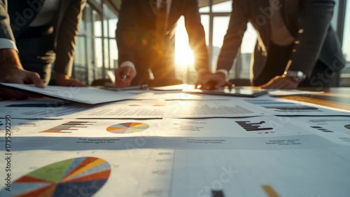 Business Team Analyzing Financial Charts and Graphs on Table with Sunlight from Windows