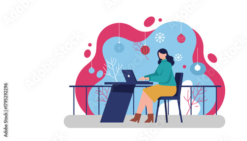 Remote work concept woman using laptop outdoors in a festive winter scene