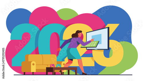 Businesswoman interacting with screen in colorful 2023 graphic blending work and home life