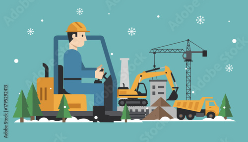Worker operates heavy construction machinery on a snowy industrial site Building crane and excavator illustration