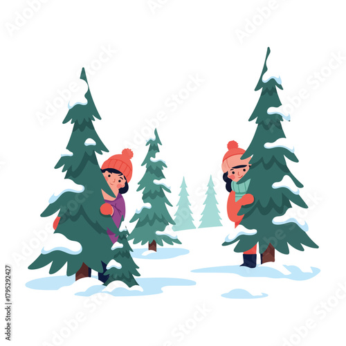 Two children playing hide and seek behind snow-covered Christmas trees in a winter forest.
