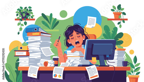 Overwhelmed office worker yawning buried in a massive stressful pile of paperwork