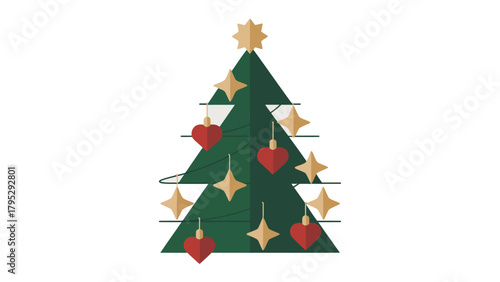 Festive Evergreen: A vibrant illustrated Christmas tree stands adorned with golden stars and crimson heart-shaped ornaments, ready for the joyous holiday season.