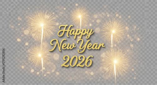 Festive fireworks illuminate a clear night sky, forming a vibrant display of golden explosions that spell out Happy New Year 2026. vector illustration