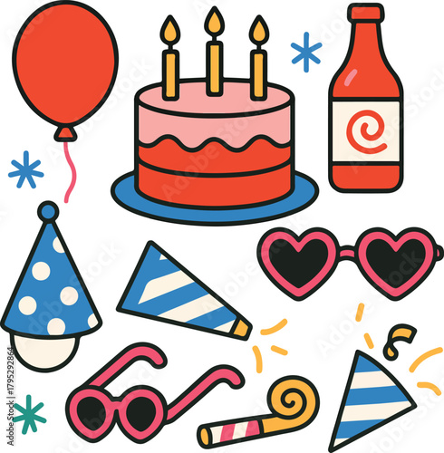 Vibrant Birthday Celebration Elements Flat Vector Party Icons on White