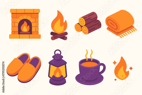 Cozy Flame Icons. Cozy Flames flat icons: stone fireplace, flickering flame, log pile, blanket, slippers, lantern, cup, ember spark.