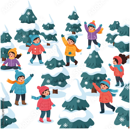 Children playing in a snowy forest, throwing snowballs and enjoying the winter weather.
