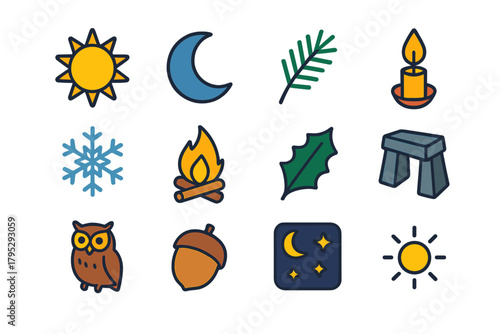 Winter Solstice Icons. Winter Solstice Nature Celebration flat icons: sun, moon, pine sprig, candle flame, snowflake, bonfire, evergreen leaf, stone ring, owl, acorn, starry night.