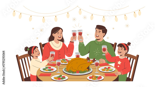 Family Holiday Toast: A family enjoys a warm holiday gathering, raising glasses in a celebratory toast around a table laden with a roasted turkey and festive decor, embracing the season's cheer.