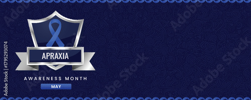 Apraxia Awareness Month in May: Blue Ribbon and Shield on a Stylized Dark Blue Background for International Recognition
