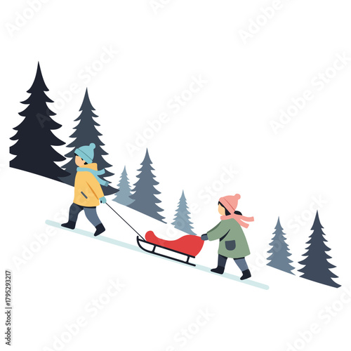 Two children in winter clothes pulling a red sled up a snowy hill surrounded by pine trees.
